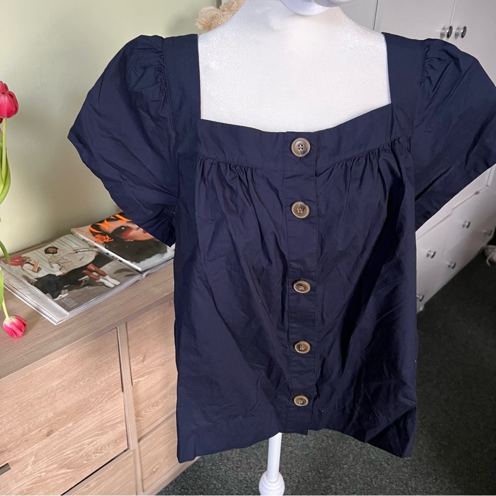 J CREW Navy Blue 100% Cotton Square-Neck Button Puff Cap Sleeve Poplin Blouse XL - Picture 11 of 16